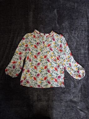 Old Navy Floral Chiffon V-Neck Ruffle Long Sleeve Pullover Blouse Women M